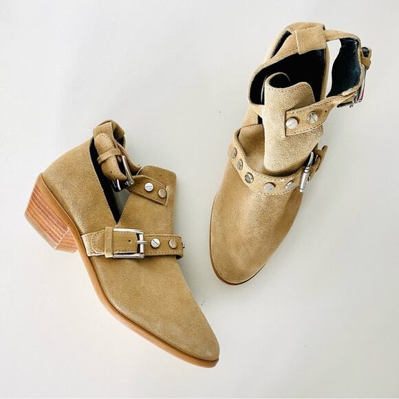 REBECCA MINKOFF Cream Beige Tan Cutout Buckle Stud Suede Ankle Boots Booties 6 - Picture 1 of 13